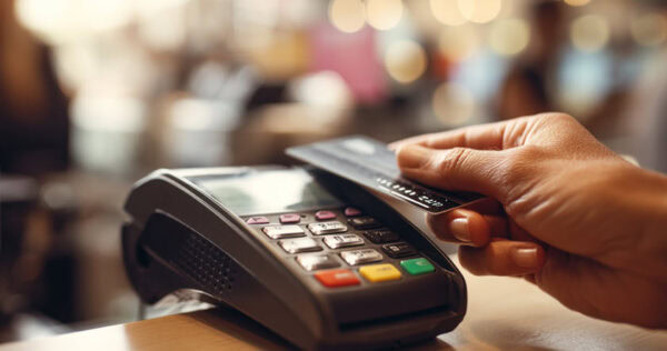 A hand holds a credit card above a card reader, making a contactless payment at a store counter.