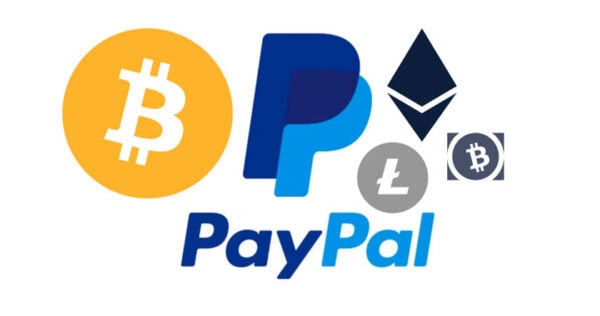 PayPal logo surrounded by cryptocurrency symbols including Bitcoin, Ethereum, Litecoin, and Bitcoin Cash on a white background.