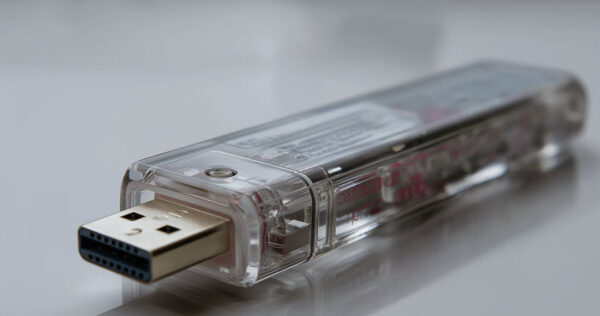 A close-up of a transparent USB flash drive with a visible gold-colored connector, placed on a reflective surface.