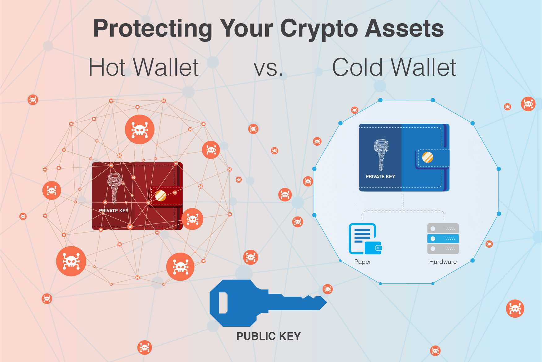 Infographic comparing hot wallets (online, more vulnerable) and cold wallets (offline, more secure) for protecting crypto assets, with visual icons for each type.