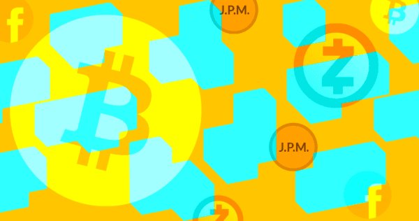 Abstract image featuring overlapping cryptocurrency symbols, including Bitcoin and Zcash, with 