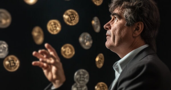 A man in a suit reaches toward floating gold and silver bitcoin coins against a dark background.