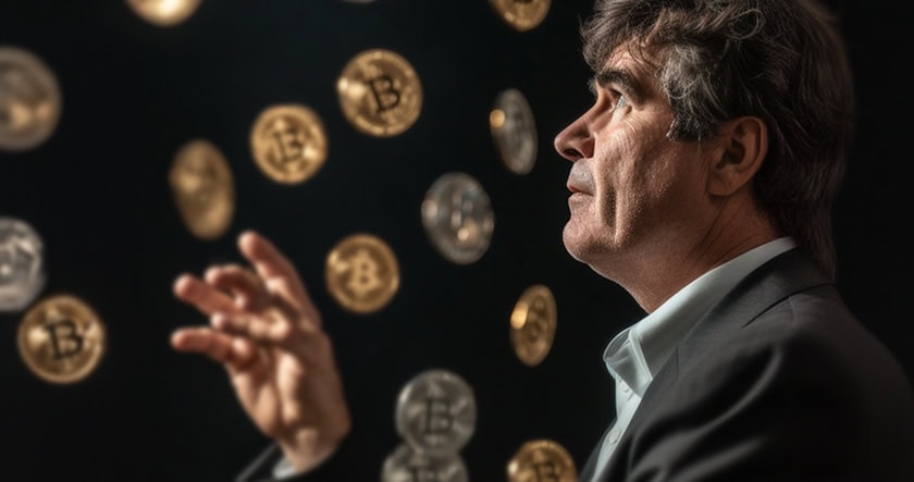 A man in a suit reaches toward floating gold and silver bitcoin coins against a dark background.