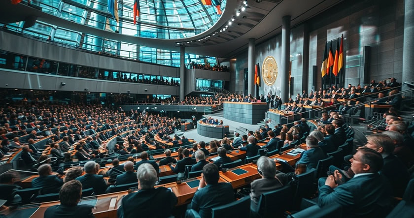 A large assembly of officials and delegates seated in a modern parliamentary chamber during a formal government session, with German flags displayed prominently.