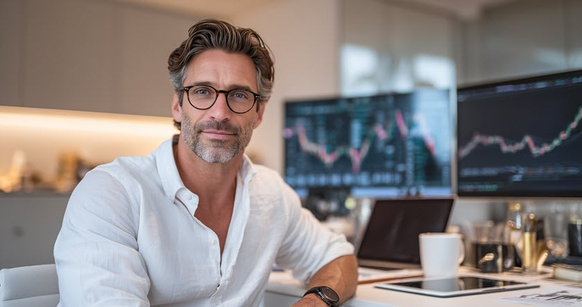 A man with glasses and gray hair sits at a desk in a modern office, smiling. Behind him are computer monitors displaying stock market charts. A coffee cup and a laptop are on the desk.