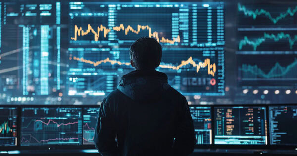 A person stands in front of multiple monitors displaying financial data, charts, and graphs in a dimly lit, high-tech control room.