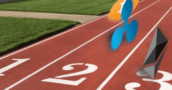 Three cryptocurrency logos are digitally superimposed on a running track, as if racing on lanes marked 1, 2, and 3.