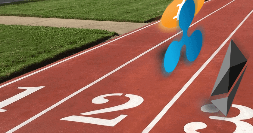 Three cryptocurrency logos are digitally superimposed on a running track, as if racing on lanes marked 1, 2, and 3.
