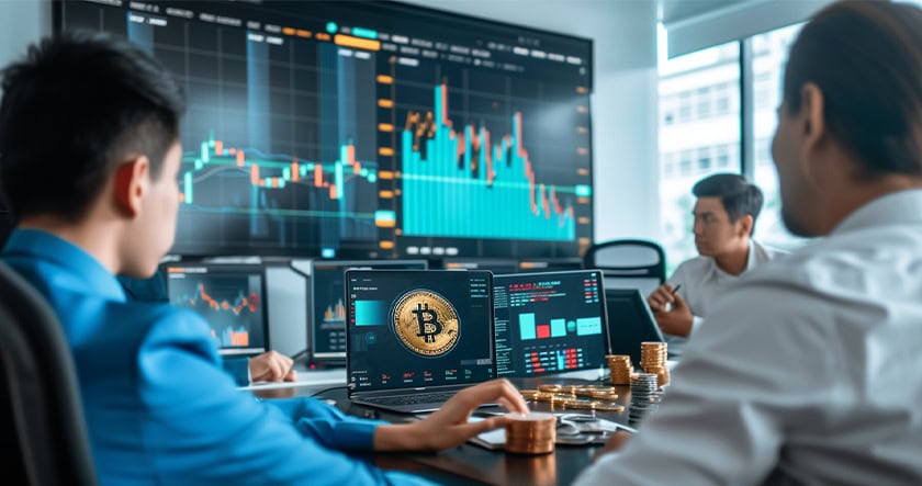 Two people in a modern office analyze cryptocurrency data on laptops with Bitcoin symbols, stacked coins, and large financial charts displayed on screens in the background.
