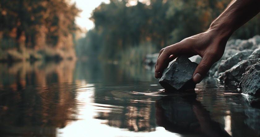 A hand holds a dark rock, dipping it into the calm water of a river with trees lining the shore in the background.
