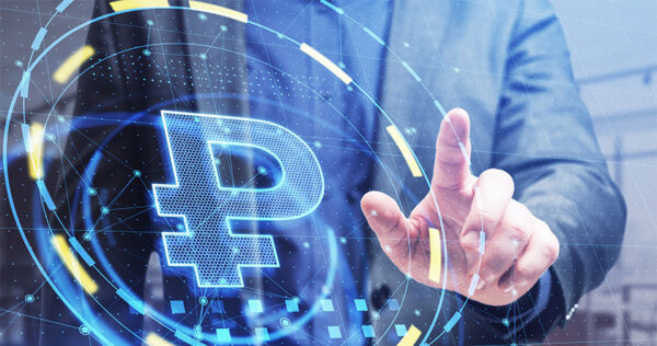 A person in a suit interacts with a digital interface displaying the symbol for the Russian ruble among virtual graphics and network lines.