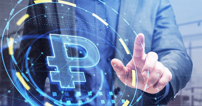 A person in a suit interacts with a digital interface displaying the symbol for the Russian ruble among virtual graphics and network lines.
