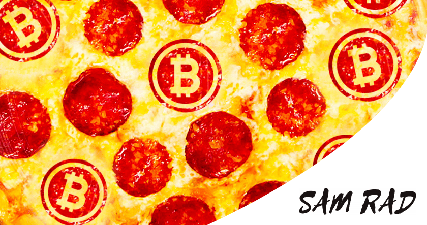 A pepperoni pizza with some pepperoni slices replaced by Bitcoin symbols, with the text "SAM RAD" in the bottom right corner.