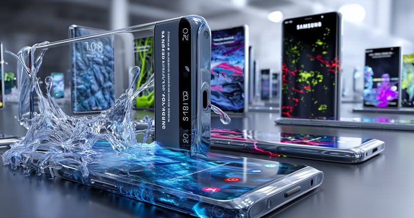 Several modern smartphones stand upright on a reflective surface; one phone displays a splash of water digitally emerging from its screen.