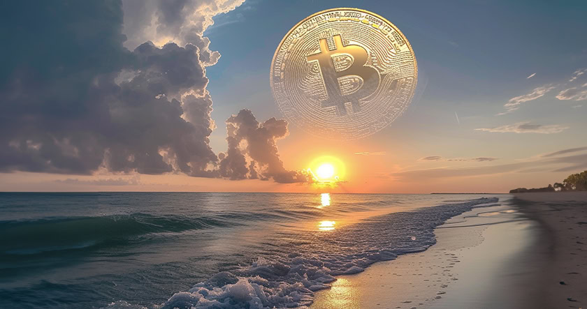 A large Bitcoin symbol appears in the sky over a beach at sunset, with waves and clouds in the background.