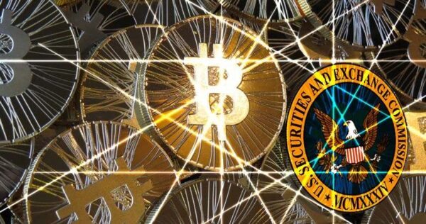Gold bitcoin symbols and the U.S. Securities and Exchange Commission (SEC) seal are overlaid with glowing lines, suggesting regulation or oversight of cryptocurrency.