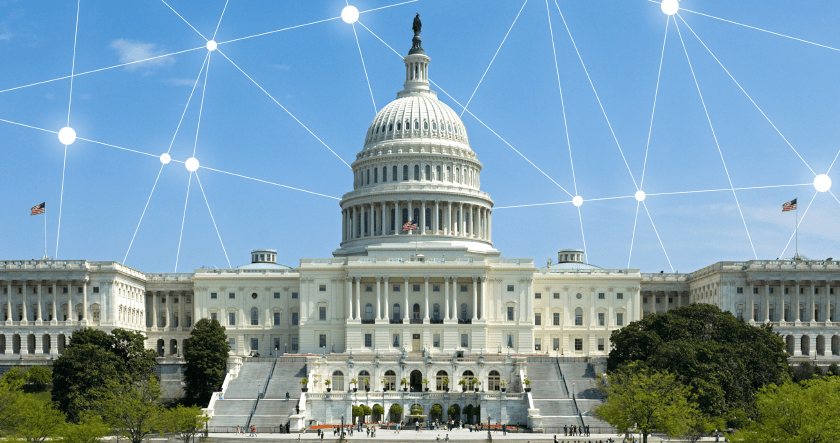 The United States Capitol building with digital network lines and nodes superimposed on the sky above it.