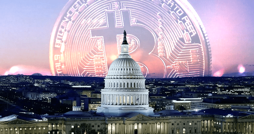 The U.S. Capitol building at dusk with a large Bitcoin symbol digitally superimposed in the background.