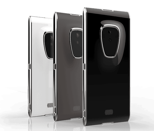 Three sleek smartphones in white, gray, and black color options, standing upright with their backs facing forward, showcasing a central rear camera module.