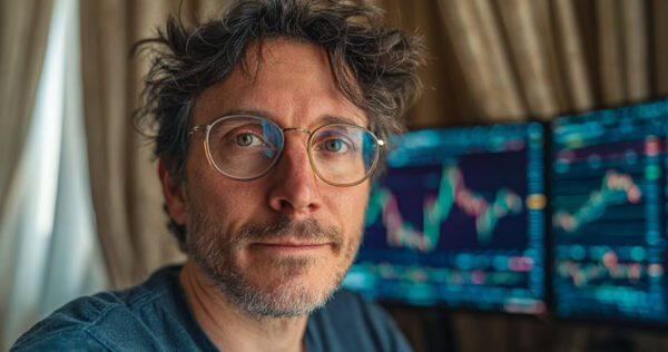 A man with glasses and tousled hair looks at the camera, sitting indoors with two computer monitors behind him displaying colorful financial stock charts and graphs.