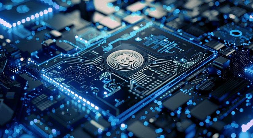 Close-up view of a computer microchip with a Bitcoin symbol, surrounded by illuminated blue circuitry on a motherboard.