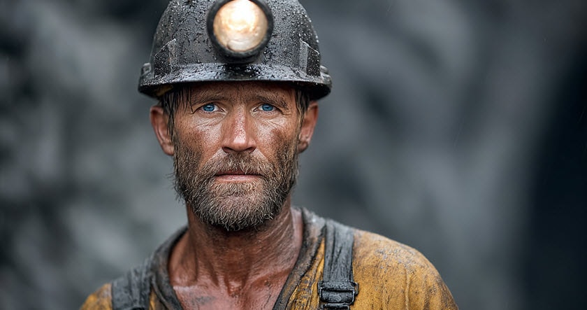 A bearded miner wearing a helmet with a headlamp and a muddy shirt stands in a dimly lit, wet environment, looking directly at the camera.