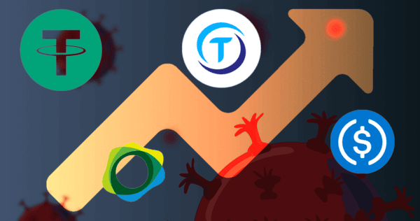 A rising arrow with logos of Tether, TrueUSD, Paxos Standard, and USD Coin, set against a background featuring virus silhouettes.