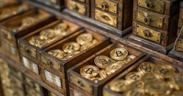 Multiple wooden drawers, some open, reveal stacks of gold-colored coins featuring the Bitcoin symbol.