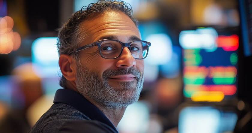 A man with glasses and a beard smiles while sitting in front of computer monitors displaying colorful graphs and data.