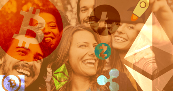 A group of smiling people overlaid with various cryptocurrency logos, including Bitcoin, Ethereum, Litecoin, Ripple, and others.