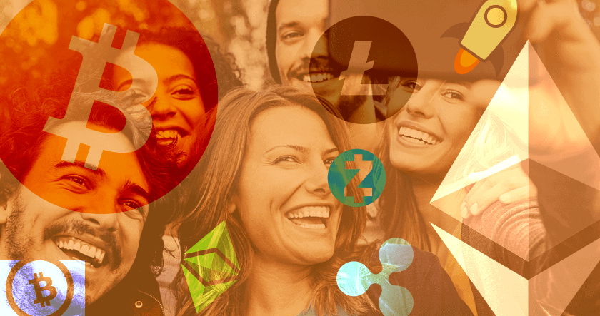 A group of smiling people overlaid with various cryptocurrency logos, including Bitcoin, Ethereum, Litecoin, Ripple, and others.