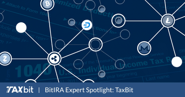 A graphic shows interconnected cryptocurrency icons overlaid on a faint U.S. tax form background, with 