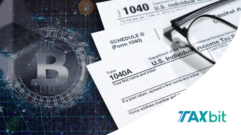 A digital Bitcoin symbol overlays tax forms, glasses, and the TaxBit logo, representing cryptocurrency and tax filing.