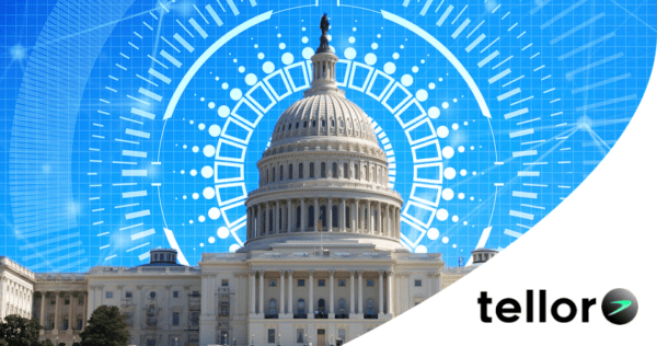 The U.S. Capitol building with digital blockchain graphics in the background and the Tellor logo in the bottom right corner.