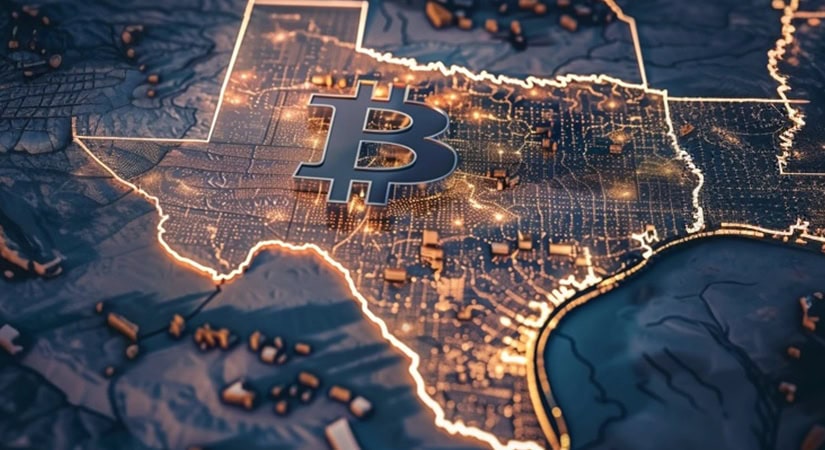 A glowing outline of Texas features a large Bitcoin symbol in the center, with illuminated city lights highlighting the state’s major urban areas.