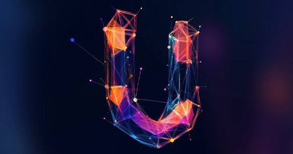The letter "U" formed by a network of glowing, interconnected lines and points in vibrant orange, pink, and blue colors on a dark background.