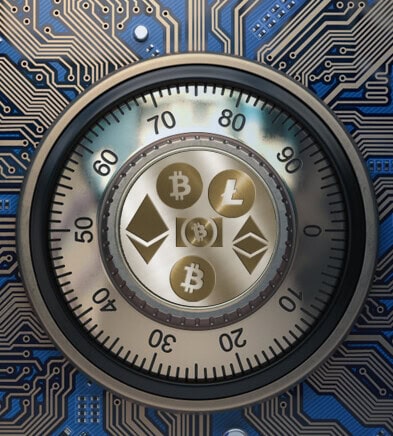 A safe dial featuring cryptocurrency symbols including Bitcoin, Ethereum, and Litecoin, set against a background resembling a computer circuit board.