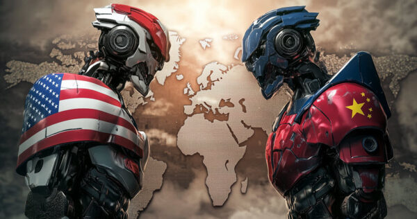 Two humanoid robots face each other, one in US flag armor and the other in Chinese flag armor, with a world map in the background.
