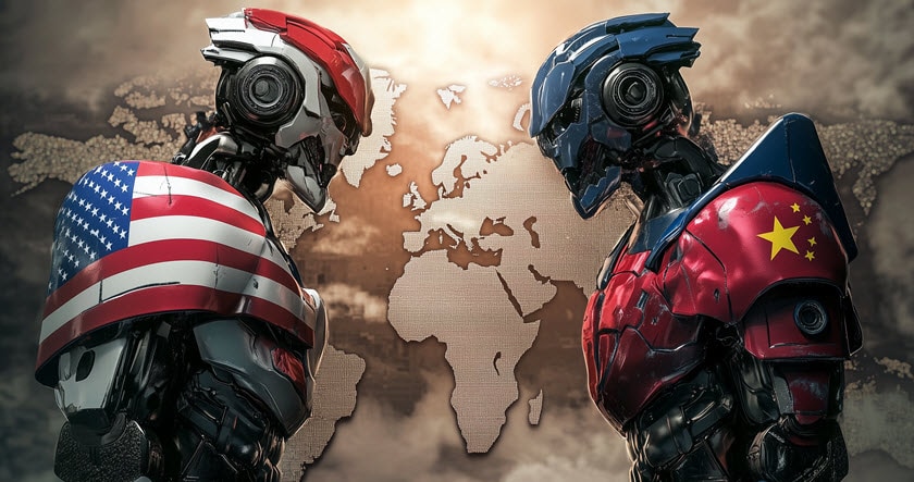 Two humanoid robots face each other, one in US flag armor and the other in Chinese flag armor, with a world map in the background.