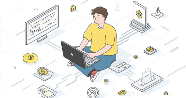 Illustration of a person sitting with a laptop, surrounded by cryptocurrency symbols and digital devices, representing blockchain technology and digital transactions.