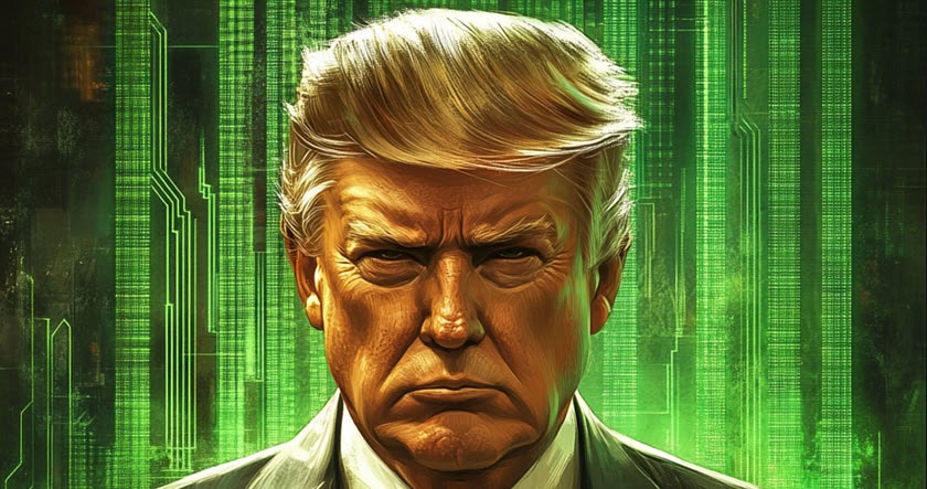 A man with blond hair in a suit has a serious expression, standing in front of a green digital matrix-style background.