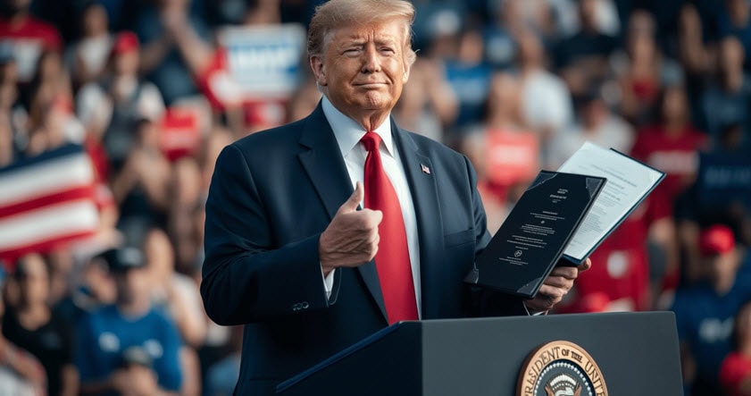 A man in a suit stands at a podium, holding up a document and giving a thumbs-up gesture at a public event, with a crowd and American flags in the background.