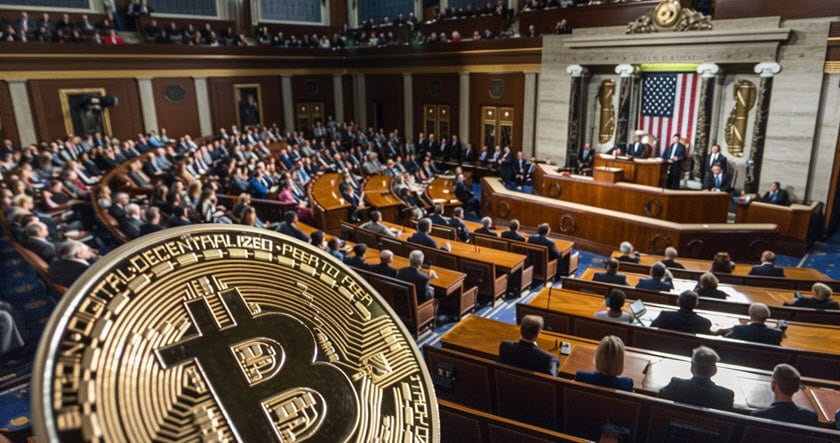 A large Bitcoin symbol is superimposed over a crowded legislative chamber, where officials are gathered and an American flag hangs behind the podium.