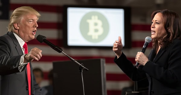 Donald Trump and Kamala Harris speak at microphones in front of a US flag, with a screen displaying a Bitcoin symbol in the background.
