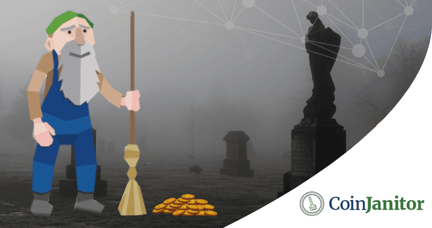Cartoon janitor holding a broom stands near a pile of coins in a foggy graveyard. CoinJanitor logo appears in the bottom right corner.