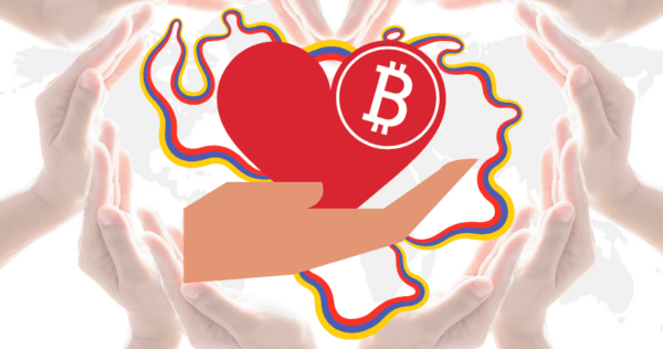 A graphic of hands forming a heart shape around an illustrated hand holding a red heart with a Bitcoin symbol, with a world map in the background.