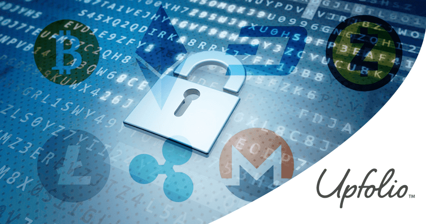 A digital padlock icon overlaid with cryptocurrency logos and alphanumeric code, representing digital security and cryptocurrencies.