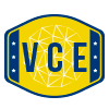 A yellow badge-shaped logo with "VCE" in bold blue letters, geometric lines in the background, and blue borders featuring white stars.