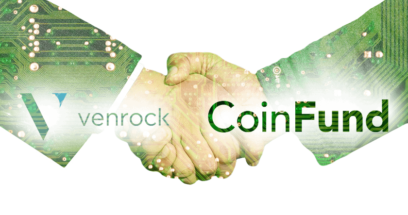 Two hands shake, overlaid with circuit board patterns, with "Venrock" and "CoinFund" logos, symbolizing a partnership or collaboration in technology or finance.