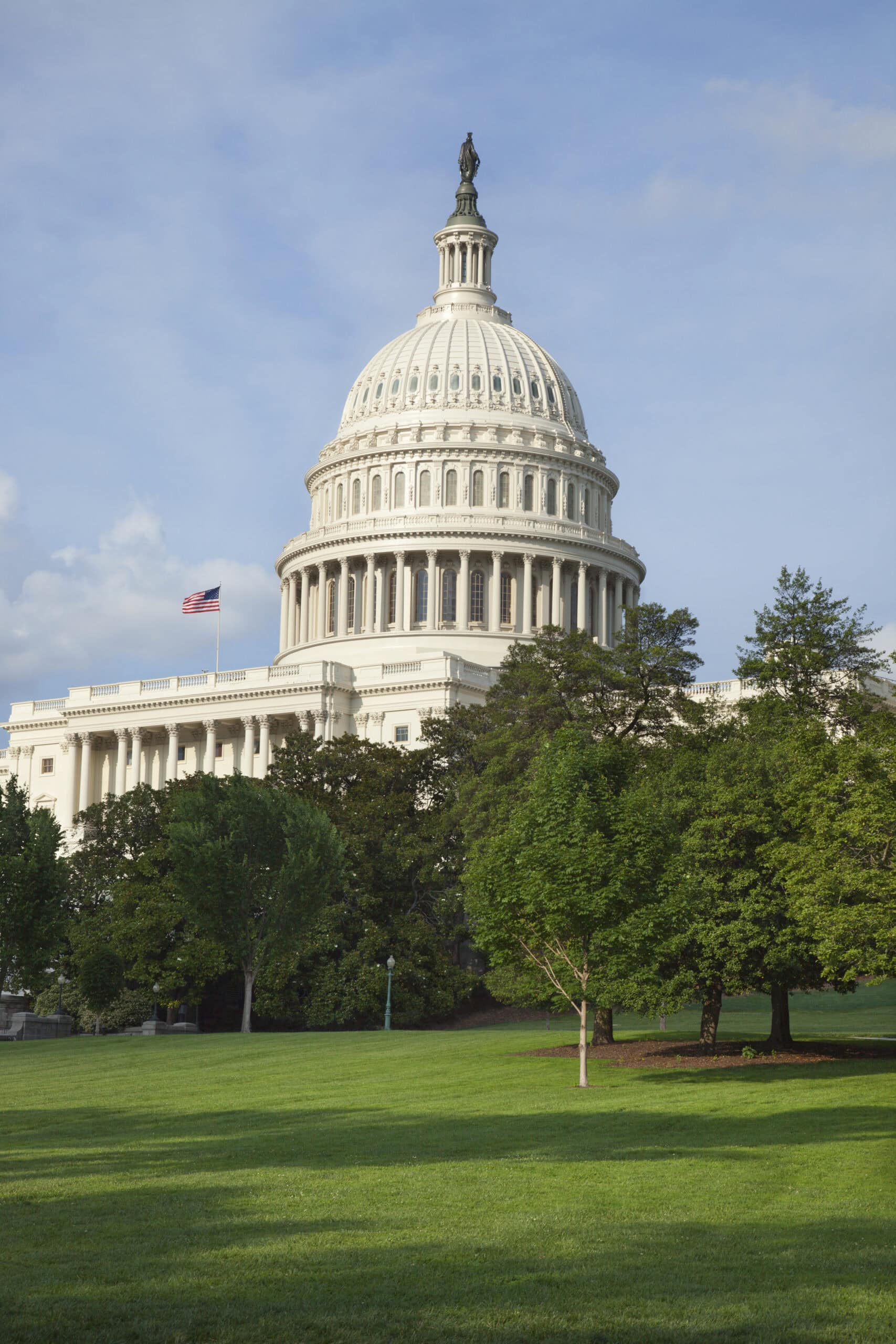 The United States Capitol building with its white dome and columns, partially obscured by green trees and a lawn, under a blue sky with scattered clouds. An American flag flies on the left side.
